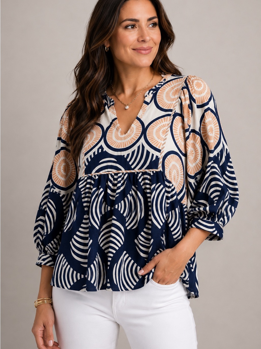 GIGIO Plus Size Navy & Peach Geometric Babydoll Top
